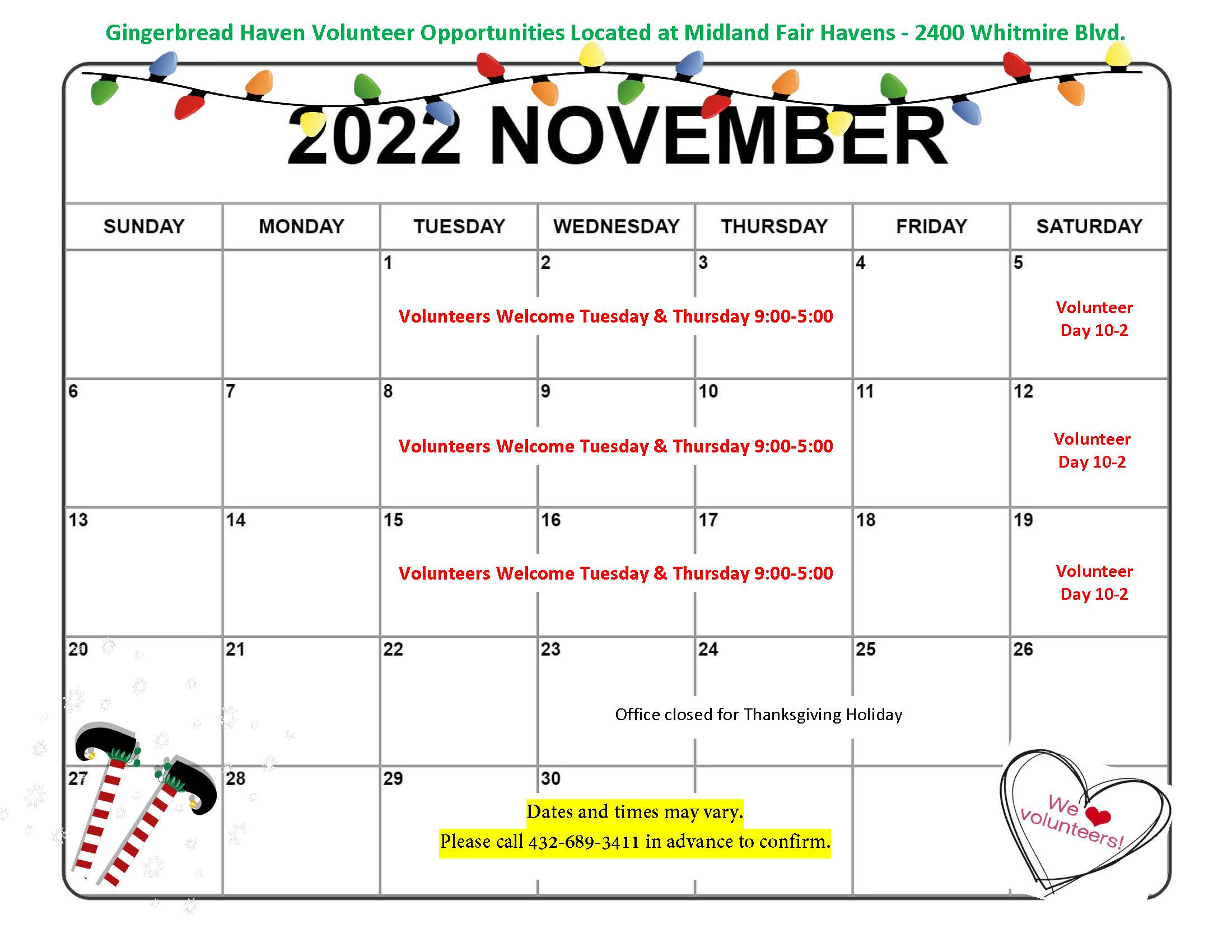 November Volunteer Calendar